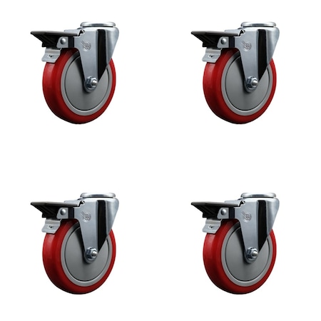 Service Caster 5'' Red Poly Wheel Swivel Bolt Hole Caster Set with Posi Lock Brakes, 4PK SCC-BH20S514-PPUB-RED-PLB-4